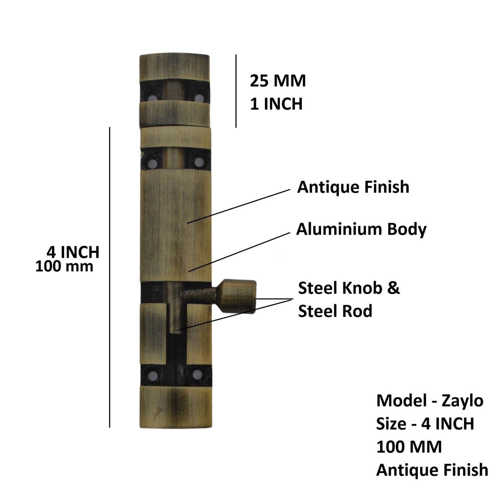 DHAKAD TOWER BOLT Antique Finish STAINLESS STEEL ZYLO 4 INCH - Image 2