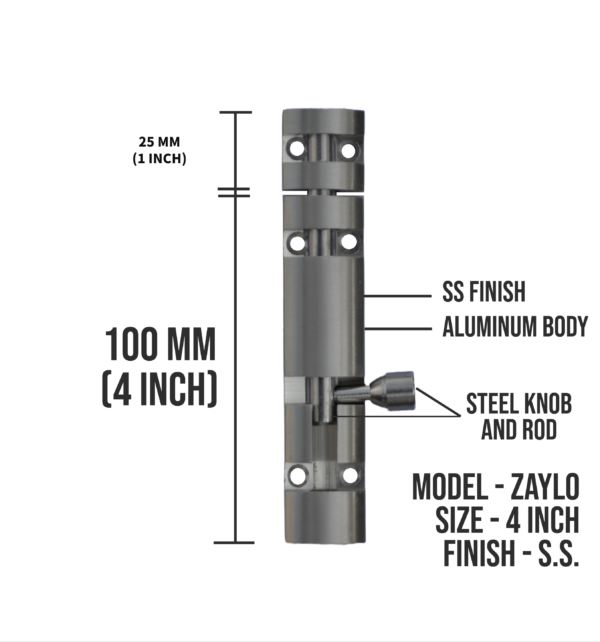 DHAKAD TOWER BOLT SS FINISH STAINLESS STEEL ZYLO 4 INCH - Image 3