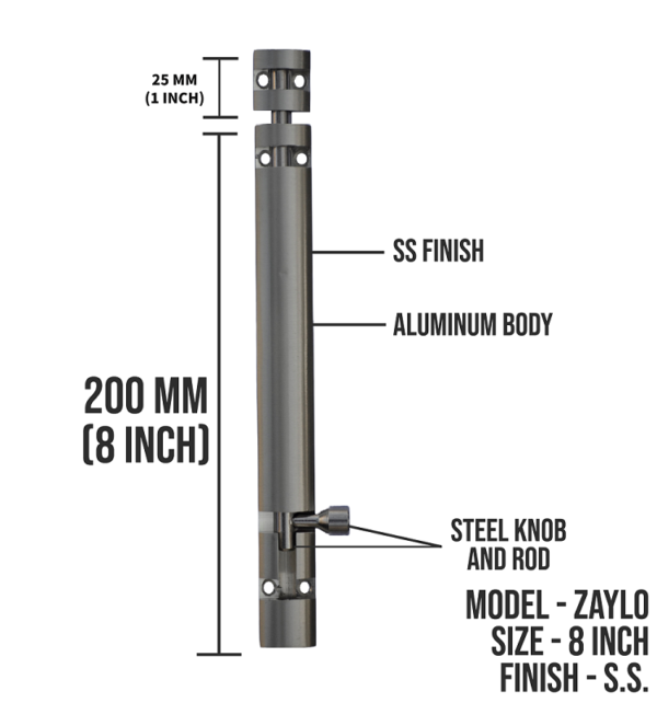 DHAKAD TOWER BOLT SS FINISH / Silver Finish STAINLESS STEEL ZYLO 8 INCH - Image 2